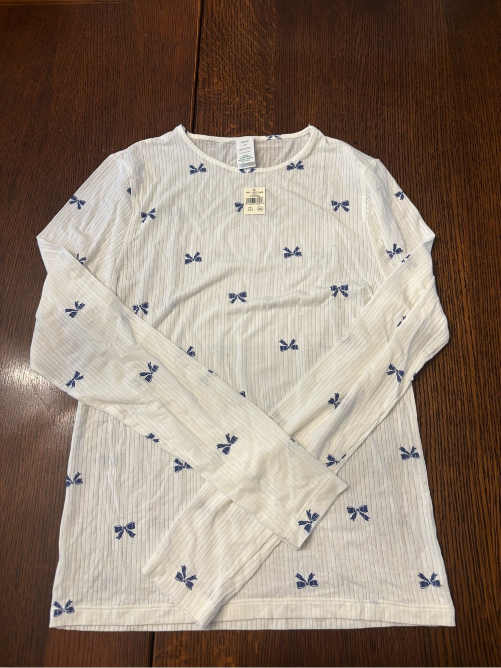 NWT Aerie Long Sleeve White & Blue Bow Ribbed PJ Top Size L